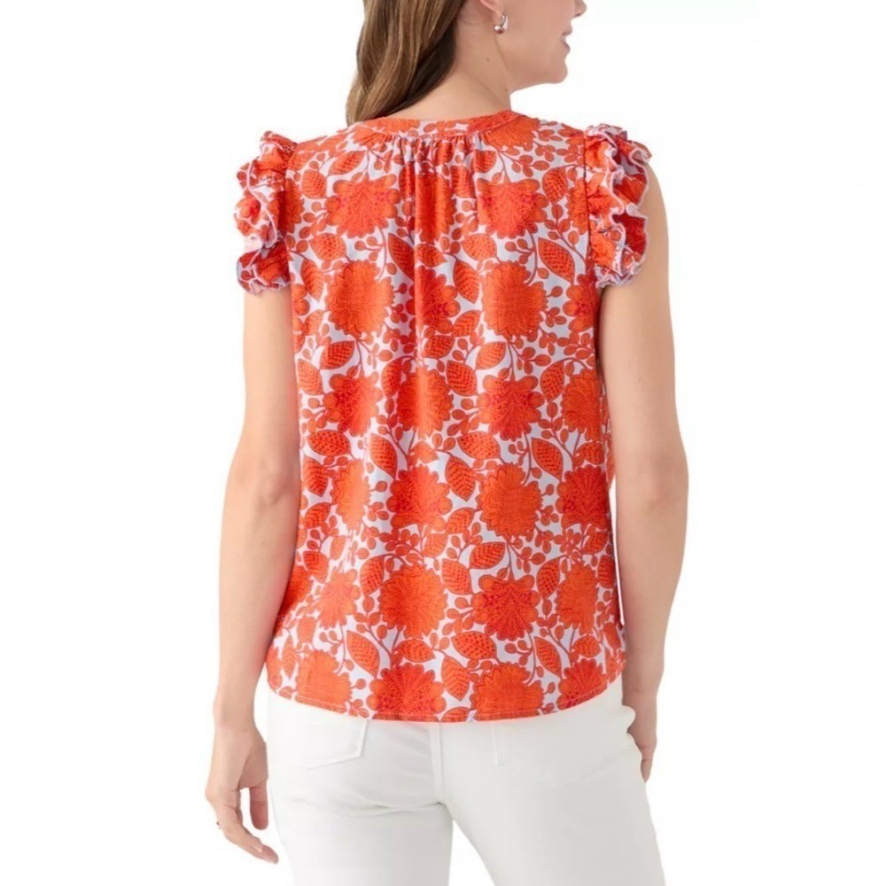 Philosophy Orange/Blue Floral Flutter Sleeve Printed Top Shirt NWT - Picture 2 of 11